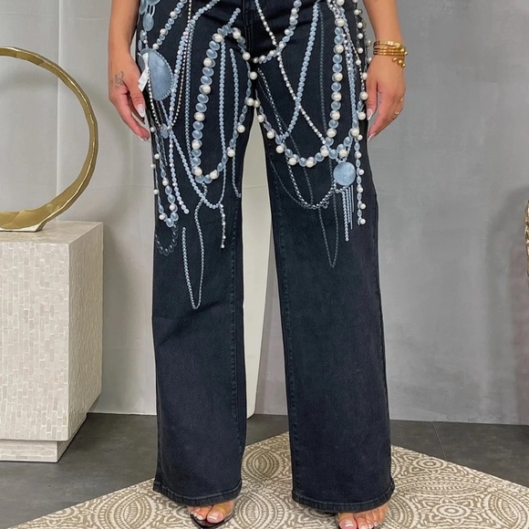 Blue Satin Top with Black Beaded Pants - Picture 4 of 4